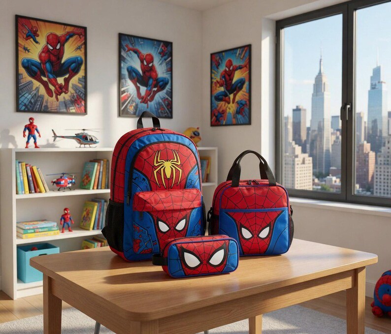 A Spiderman-themed backpack, pencil case, and lunch bag are displayed on a wooden table in a room with a city skyline visible through a window.
