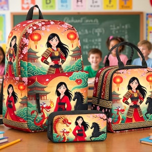 May include: A red backpack, lunch bag, and pencil case set featuring Mulan, a red dragon, and a black horse. The design includes cherry blossoms, traditional lanterns, and pagodas against a sunset background with a decorative geometric border.