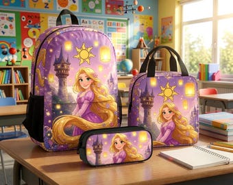 Custom Rapunzel School Backpack Bundle, Personalized Disney Princess Book Bag with Lunch Bag and Pencil Pouch