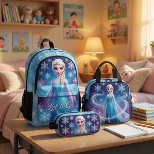 A bedroom with a bed, bookshelf, and various toys, including teddy bears and dolls. There is a backpack, a lunch bag, and a pencil case featuring the character Elsa from Frozen.