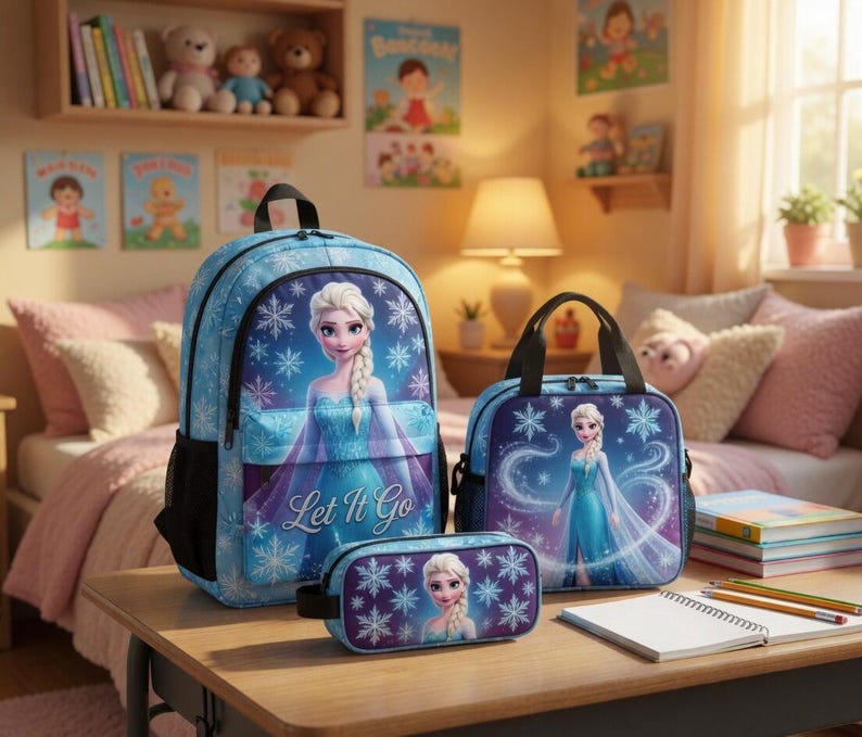 A bedroom with a bed, bookshelf, and various toys, including teddy bears and dolls. There is a backpack, a lunch bag, and a pencil case featuring the character Elsa from Frozen.