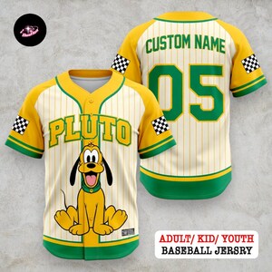 May include: Yellow and cream baseball jersey featuring the character Pluto. The jersey has green and yellow accents, the word "PLUTO" across the front, and the number "05" on the back. Includes the text "ADULT/ KID/ YOUTH BASEBALL JERSY".
