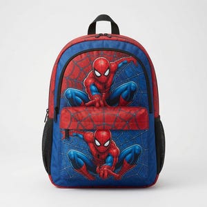 A backpack featuring a design of Spider-Man, a popular comic book character, with the character in various poses and poses.