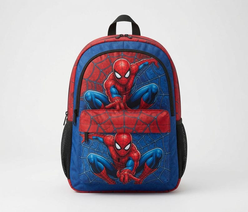 A backpack featuring a design of Spider-Man, a popular comic book character, with the character in various poses and poses.