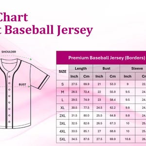 The image is a size chart for an adult baseball jersey, showing the measurements for different sizes such as "S", "M", "L", "XL", and "XXL". The chart provides the bust, waist, and sleeve measurements for each size, along with the corresponding cm measurements.