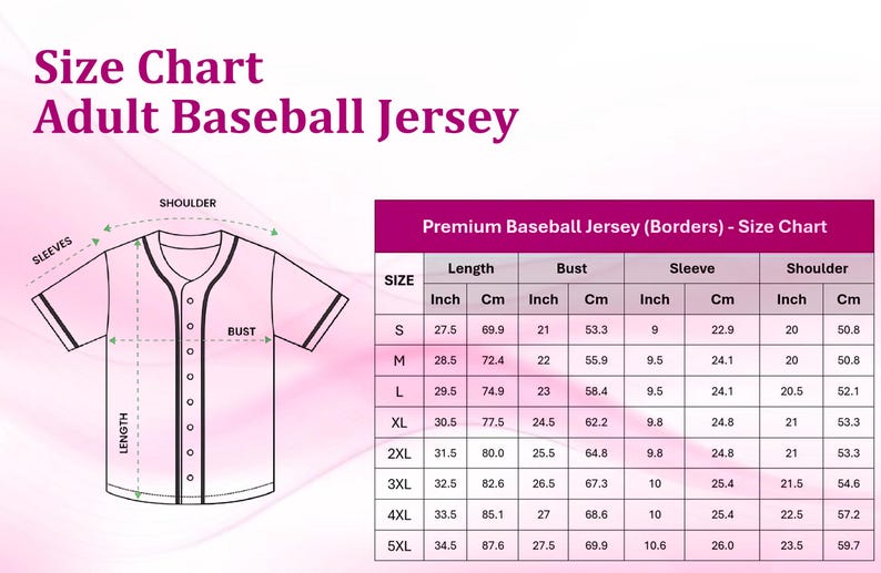 The image is a size chart for an adult baseball jersey, showing the measurements for different sizes such as "S", "M", "L", "XL", and "XXL". The chart provides the bust, waist, and sleeve measurements for each size, along with the corresponding cm measurements.