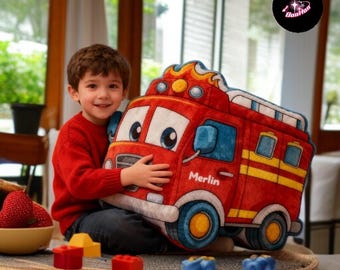 Personalized Fire Truck Pillow With Name, Fire Engine Shaped Cushion, Kids Room Decor, Fun Christmas Gift for Boys