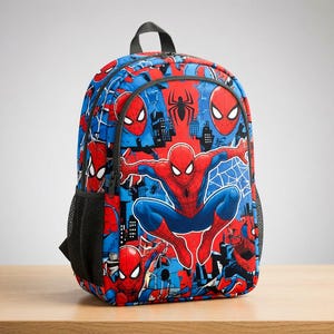 A Spiderman-themed backpack with various Spiderman characters and cityscape designs printed on it.