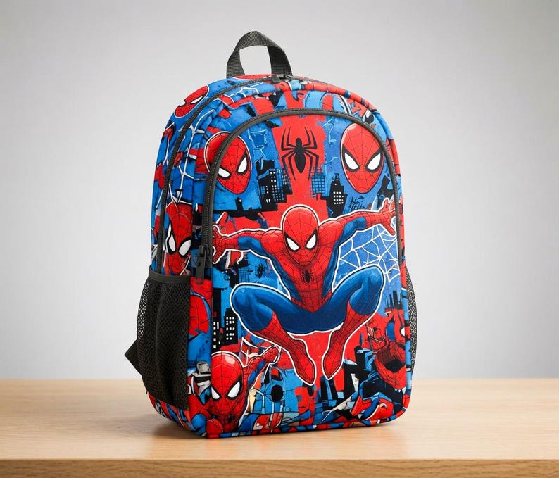 A Spiderman-themed backpack with various Spiderman characters and cityscape designs printed on it.