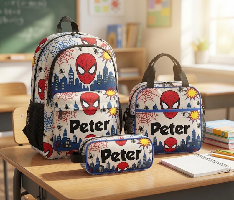 A Spiderman-themed backpack, a lunch bag, and a pencil case are displayed on a desk in a classroom setting.