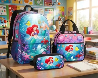 Ariel Backpack Set, Little Mermaid School Bag with Matching Lunch Tote and Pencil Case for Kids