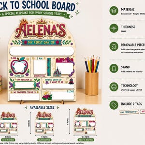 The image is a back to school board featuring a personalized "A Elena's My First Day of School" sign. The board is available in various sizes and includes a vase with flowers, a pencil holder, and a stack of books.