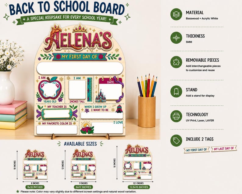 The image is a back to school board featuring a personalized "A Elena's My First Day of School" sign. The board is available in various sizes and includes a vase with flowers, a pencil holder, and a stack of books.