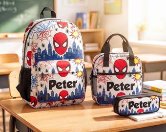 Personalized Spider-Man School Gear Set, Custom Backpack Bundle with Matching Lunch Bag and Pencil Case for Kids