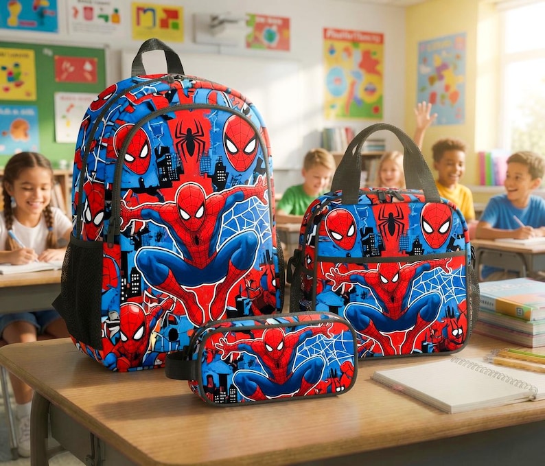 A collection of Spiderman-themed school supplies, including backpacks, lunch bags, and pencil cases, are displayed in a classroom setting.