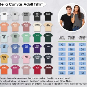 The image is a color swatch for adult t-shirts, featuring a variety of different colors and sizes. It includes a color swatch for each color, along with the corresponding size and style. The image also includes a photo of a man and a woman wearing the t-shirts, as well as a list of colors and sizes. The image does not contain any text that can be described in fewer than 500 characters.