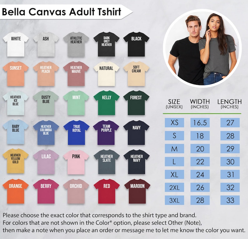 The image is a color swatch for adult t-shirts, featuring a variety of different colors and sizes. It includes a color swatch for each color, along with the corresponding size and style. The image also includes a photo of a man and a woman wearing the t-shirts, as well as a list of colors and sizes. The image does not contain any text that can be described in fewer than 500 characters.