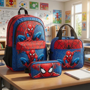 A Spiderman-themed backpack, a smaller Spiderman-themed lunch bag, and a pencil case are displayed on a table in a classroom setting.