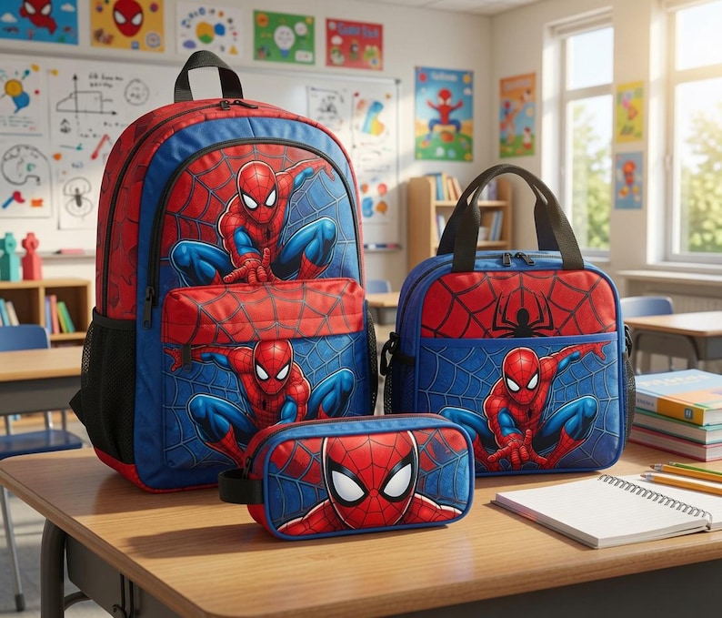 A Spiderman-themed backpack, a smaller Spiderman-themed lunch bag, and a pencil case are displayed on a table in a classroom setting.