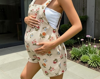 Maternity Romper Shorts: Adjustable Waist Pregnancy Overall Outfit