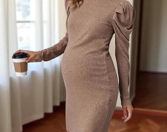 Long Sleeve Elegant Knitted Pregnancy Dress :Autumn Winter Maternity Dress