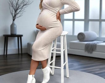 Long Sleeve Elegant Knitted Pregnancy Dress, Autumn Winter Maternity Dress