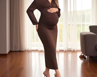 Long Sleeve Elegant Pregnancy Dress : V-Neck Autumn Winter Maternity Dress