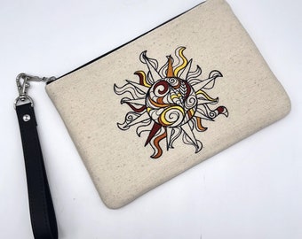 Embroidered Wristlet Clutch Purse, Doodle Sun Design, Wristlet Wallet, Phone Case, Zipper Pouch, Removable Strap Keychain, Purse Organizer