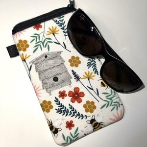 Sunglass Case, Padded Eyeglass Pouch, Cotton Zipper Eyewear Protective Sleeve, Soft Sunglass Cover, Bees Sunflowers Pouch image 2