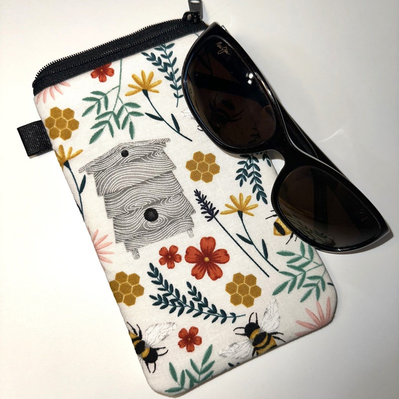 Sunglass Case, Padded Eyeglass Pouch, Cotton Zipper Eyewear Protective Sleeve, Soft Sunglass Cover, Bees Sunflowers Pouch image 2