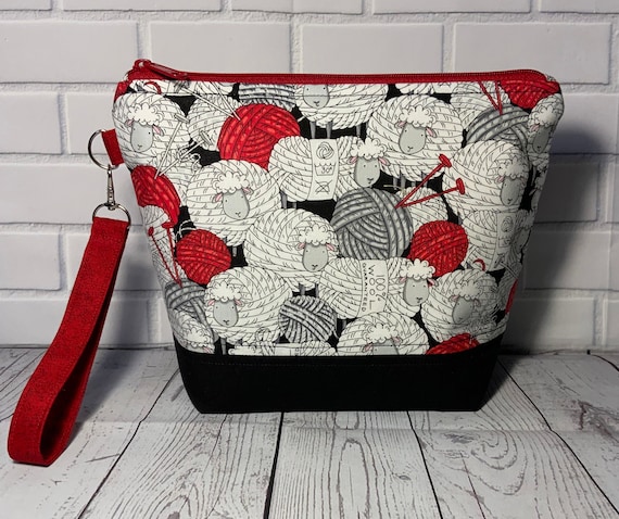 Travel Organizer Accessory Large Project Bag Hearts Sheep Faces Crochet Project Bag Yarn Bowl Knitting Project Bag Zipper Project Bag