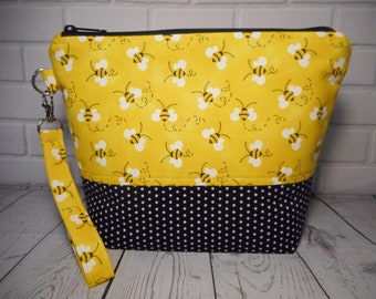 Honey Bee Knitting Project Bag: Medium Cotton Crochet Organizer