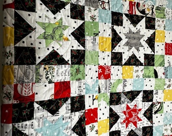 Christmas Lap Quilt, Rising Star, Patchwork Sofa Couch Quilt, Finished Quilt, Holiday Cotton Blanket, All About Christmas by Riley Blake