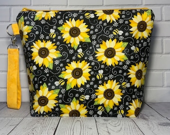 Knitting Project Bag, Crochet Project Bag, Sunflowers Bees, Large Project Bag, Zipper Project Bag, Yarn Bowl, Travel Organizer Accessory