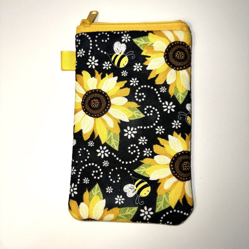 Sunglass Case, Padded Eyeglass Pouch, Cotton Zipper Eyewear Protective Sleeve, Soft Sunglass Cover, Bees Sunflowers Pouch Sunflowers