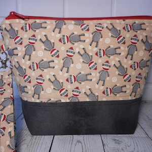 Sock Monkey Knitting Project Bag: Cotton Zipper Travel Organizer
