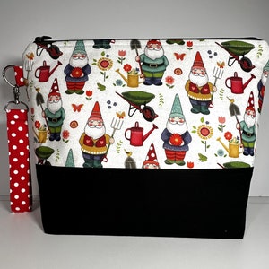 Bolsa para projetos de tricô Gnomos de jardinagem: organizador de viagem grande de algodão com zíper