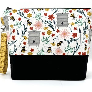 Knitting Project Bag, Large Project Bag, Crochet Project Bag, Bees Hives Floral, Zipper Project Bag, Yarn Bowl, Travel Organizer Accessory