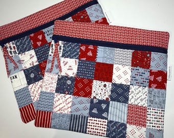 Quilted Patchwork Cross Stitch Project Bag: 13x12, Independence Day Fabric, Needlework Organizer