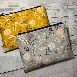Bolsa para artículos de punto, monedero con cremallera, bolsa para manualidades, bolsa pequeña para maquillaje, estampado floral de bosque en mostaza o gris, organizador de carteras, porta cupones