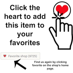 K&ouml;nnte beinhalten: Eine grafische Darstellung mit schwarzem Text, der Click the heart to add this item to your favorites lautet, eine schwarze Umrisszeichnung einer Hand, die auf ein rotes Herzsymbol zeigt, und eine Schaltfl&auml;che Favorite shop mit einem Pfeil.