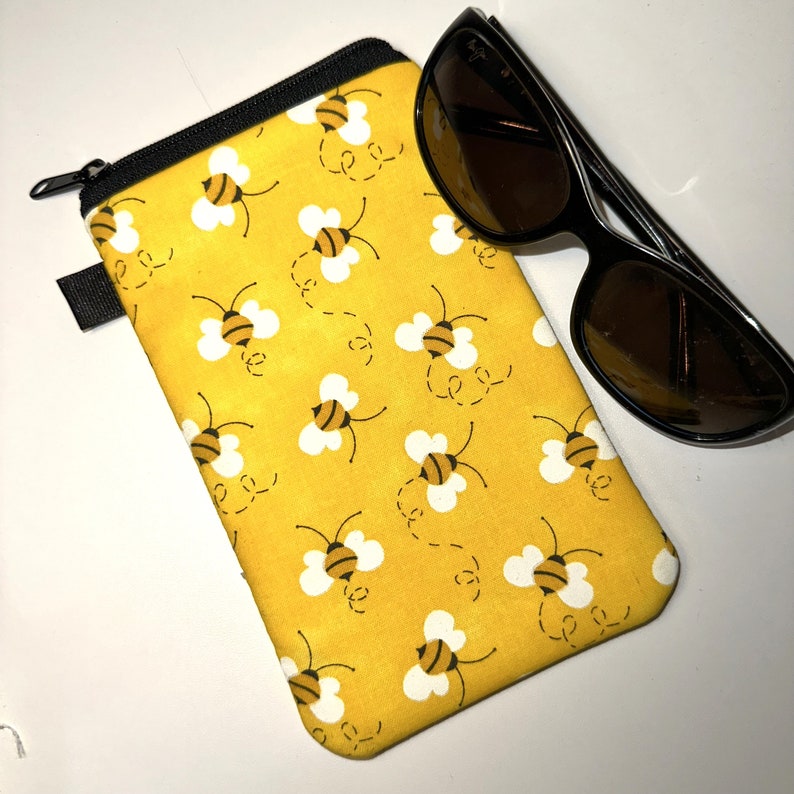 Sunglass Case, Padded Eyeglass Pouch, Cotton Zipper Eyewear Protective Sleeve, Soft Sunglass Cover, Bees Sunflowers Pouch image 4