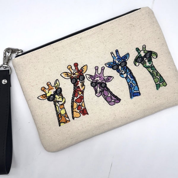 Embroidered Wristlet Clutch Purse, Cool Giraffes Design, Wristlet Wallet, Zipper Phone Case, Removable Strap Keychain, Purse Organizer
