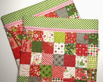 Quilted Patchwork Cross Stitch Project Bag: 13x12, Poinsettia and Pear, Needlework Organizer