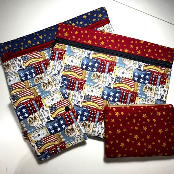 Cross Stitch Project Bag Set, USA Americana, Floss Keeper and Notions Pouch, Zipper Quilted Project Bag, Needlework Organizer, Fully Lined