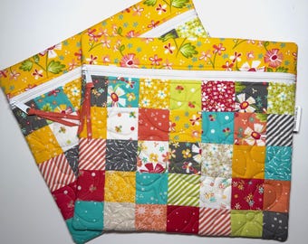 Quilted Patchwork Cross Stitch Project Bag: 13x12, In the Garden Fabric, Needlework Organizer