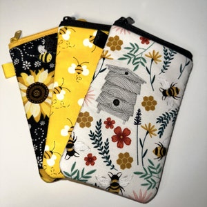 Sunglass Case, Padded Eyeglass Pouch, Cotton Zipper Eyewear Protective Sleeve, Soft Sunglass Cover, Bees Sunflowers Pouch image 1