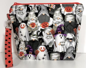 Halloween Medium Knitting Zipper Project Bag, Mummy Gnome Fabric, Detachable Wristlet Strap