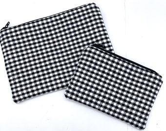 Knitting Notions Pouch, Zipper Coin Purse, Black White Plaid, Cotton Craft Pouch, Small Makeup Bag, Purse Organizer, Zipper Coupon Keeper