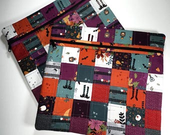 Kreuzstich Projekttasche Halloween: Kleine Hexe Patchwork Quilted Handarbeitsbeutel